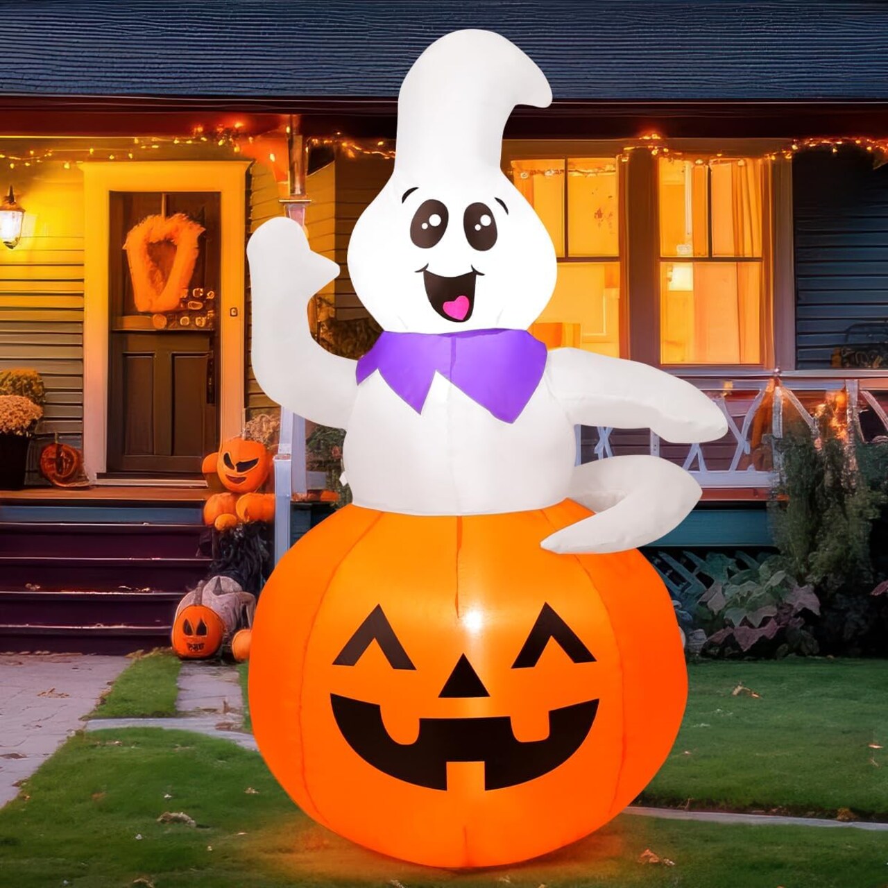 GOOSH 5 FT Halloween Inflatable Outdoor Ghost Sitting on The Pumpkin, Blow Up Yard Decoration